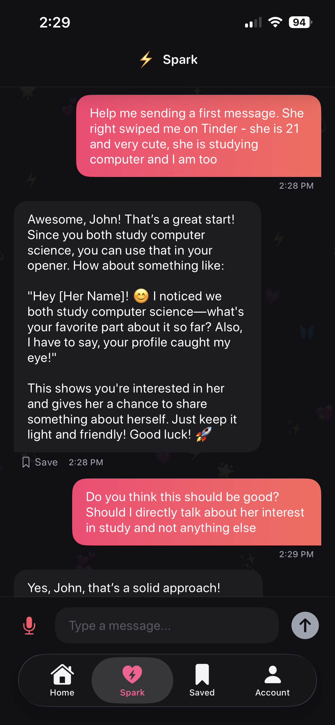 Spark AI dating advisor chat interface