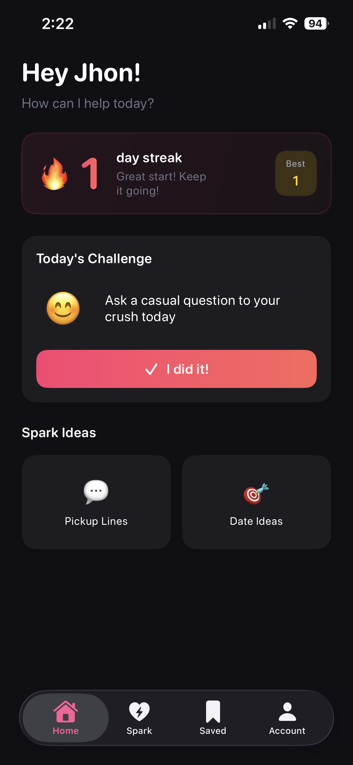 Spark home screen with streaks and daily challenges