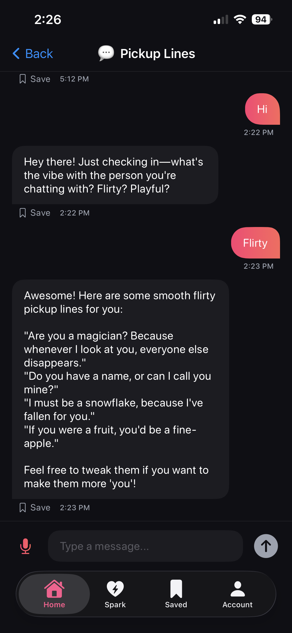 Spark pickup lines vibe mode